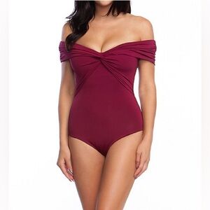 NEW Trina Turk Off Shoulder Twist Bandeau Swimsuit Merlot Red Size 6 NWT